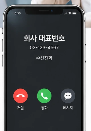 회사 대표번호 수신 화면이 표시된 스마트폰